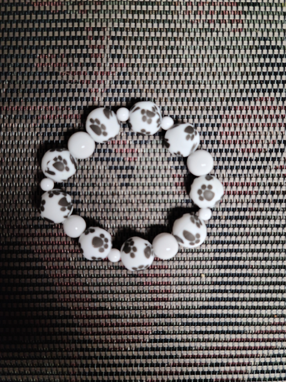 Paw-Print Stretch Bead Dog Collar Charm - White with Gray Paw Accents